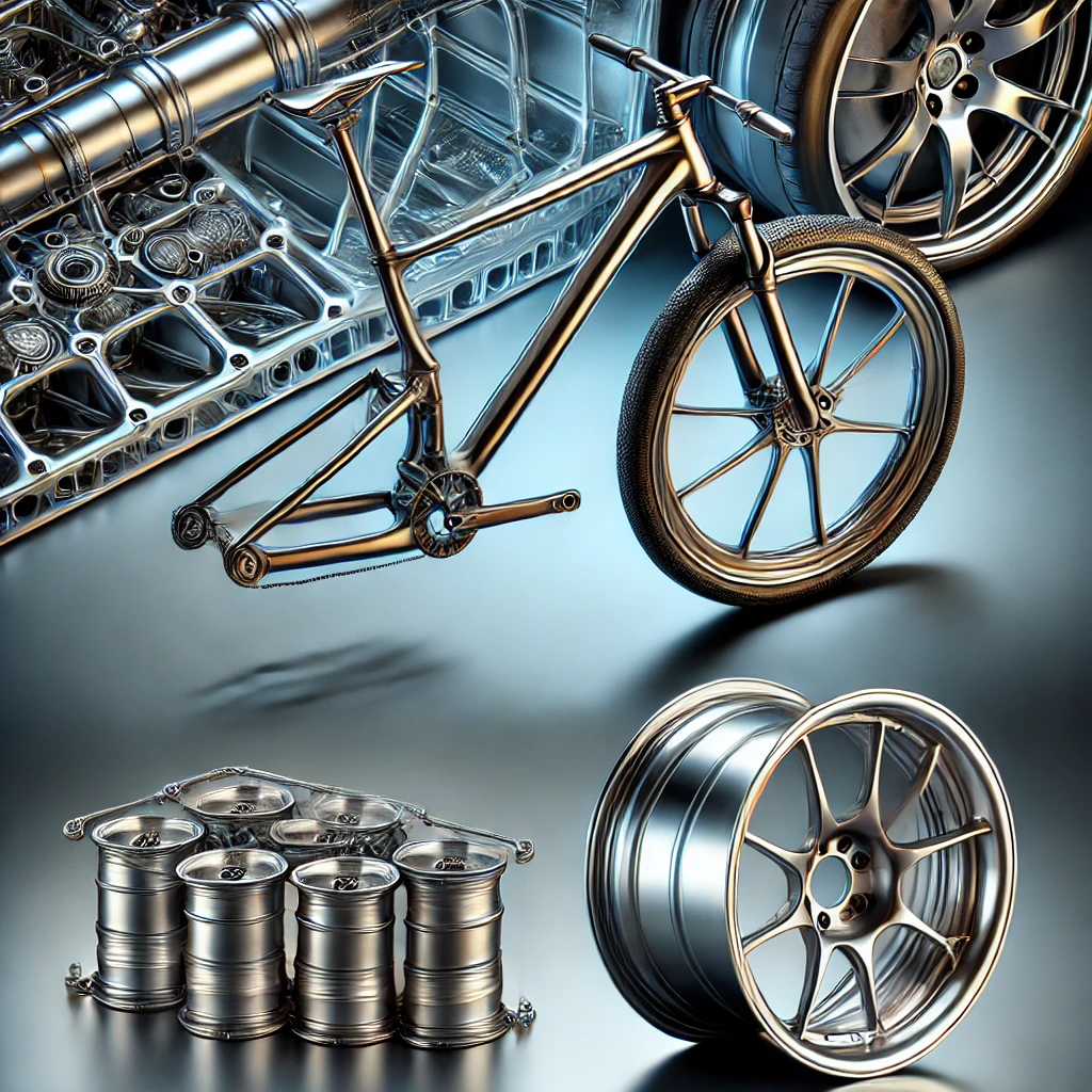 A realistic depiction of AZ80 magnesium alloy applications, showcasing a lightweight bicycle frame, a set of magnesium alloy wheels on a car, and aircraft structural components in a clean, high-tech aerospace environment. Highlight the metallic surface textures and emphasize lightweight engineering design elements.